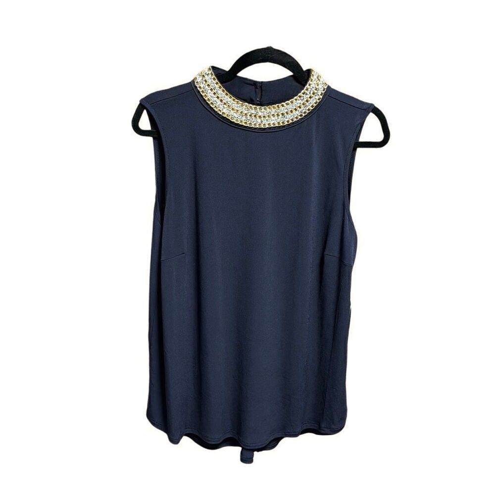 Moa Moa Women’s Navy Sleeveless Jeweled Neck Blouse Size XL NEW